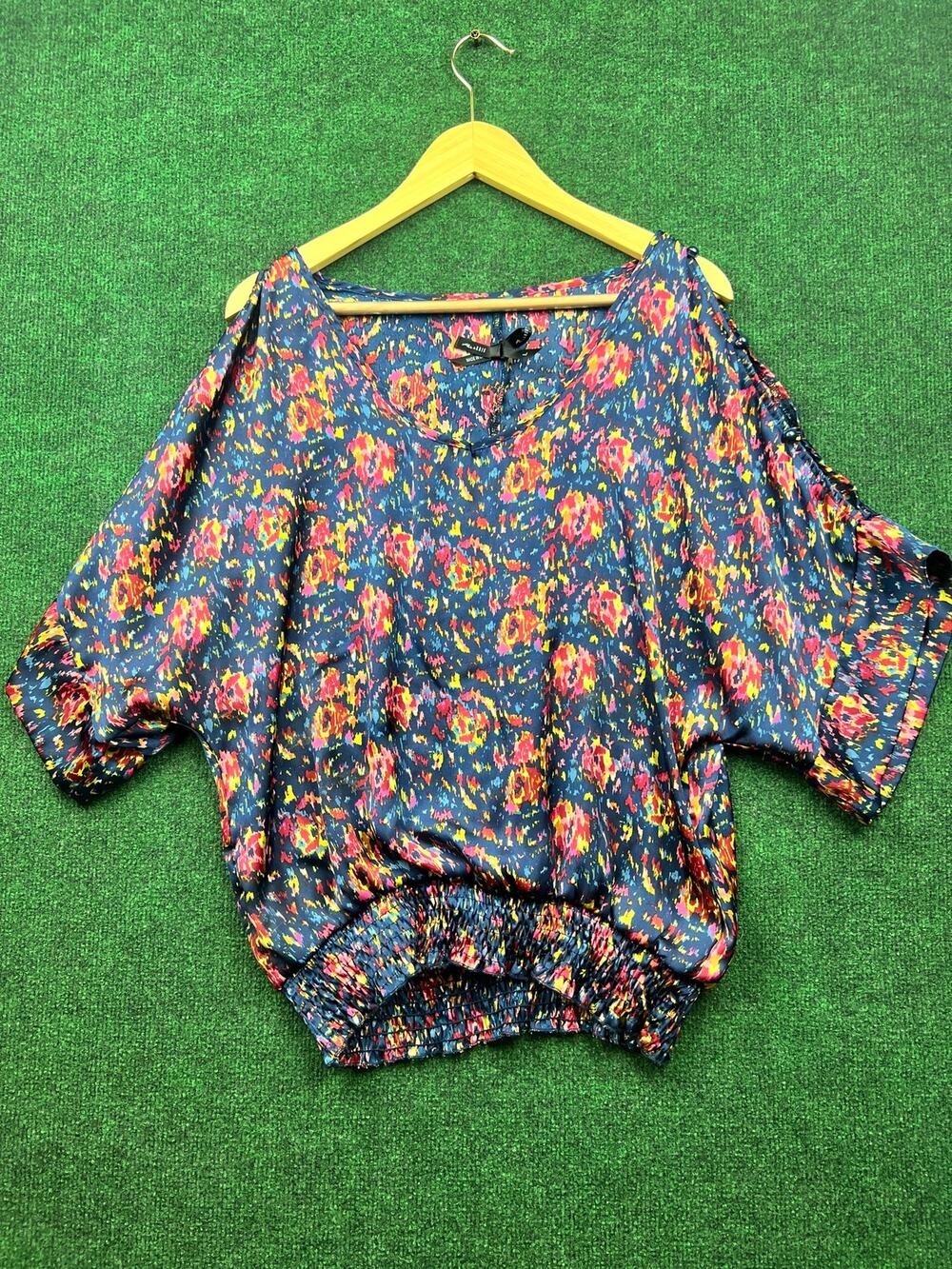 Ali & Kris Navy Multicolor Floral Cold Shoulder Blouse Large